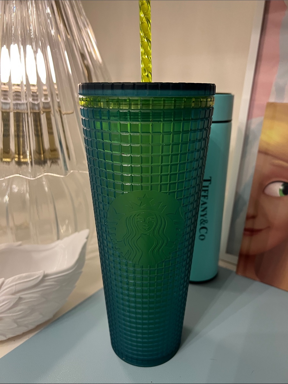 Starbucks Teal Grid Reusable Cold Cup with Yellow Twist Straw
